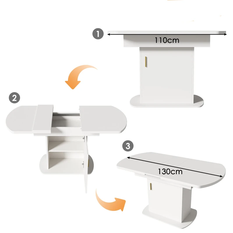 Tavolo da pranzo ovale allungabile, con spazio di archiviazione, 110/130L×70P×75Acm, Bianco+Oro