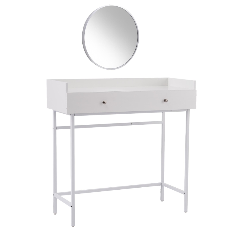 Coiffeuse avec miroir et 1 tiroir, 4 pieds en métal, style minimaliste, 95×40×93 cm, Blanc