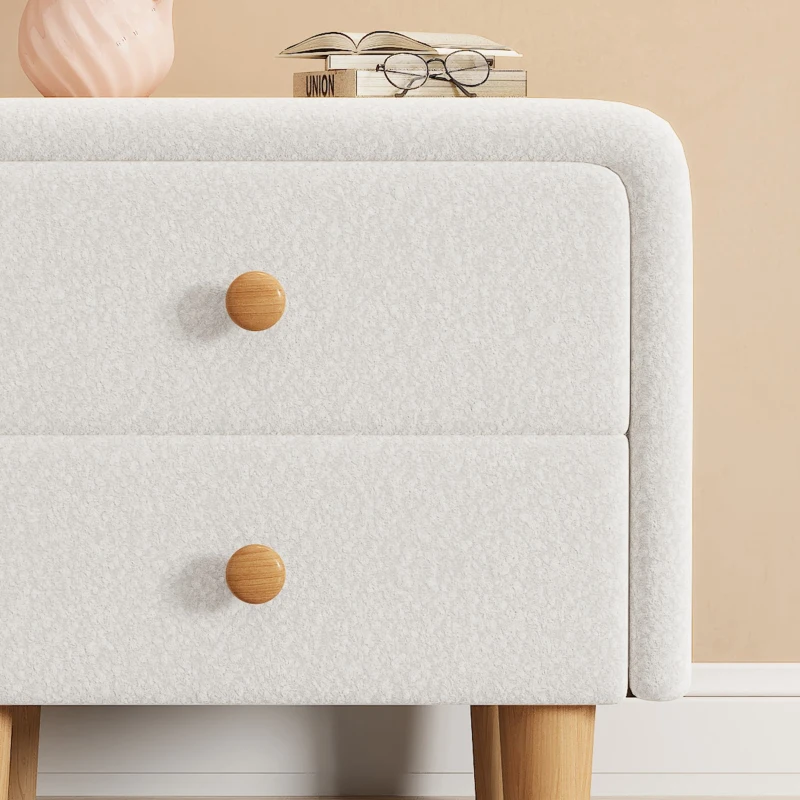 Gepolsterter Nachttisch mit 2 Schubladen, geräuschlose Gleiter, runder Holzgriff, Holzbeine, MDF+Kiefer, 45.5×37.5×44 cm, Weiß