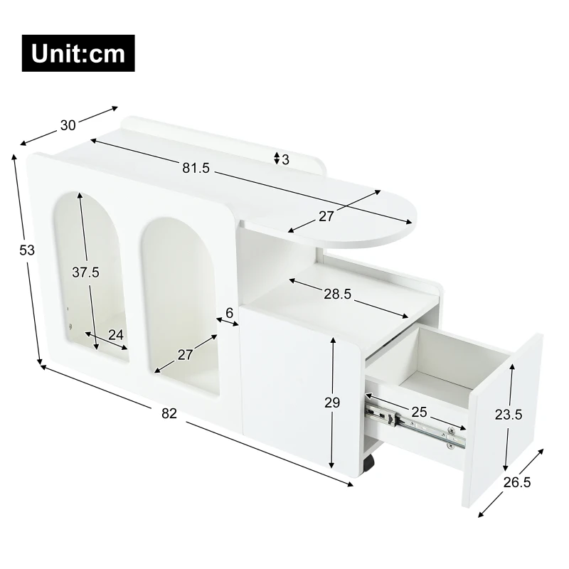Armoire d'appoint blanche avec roulettes, chariot de rangement polyvalent pour salon, salle à manger et chambre à coucher, design arrondi, 82×30×53 cm, Blanc