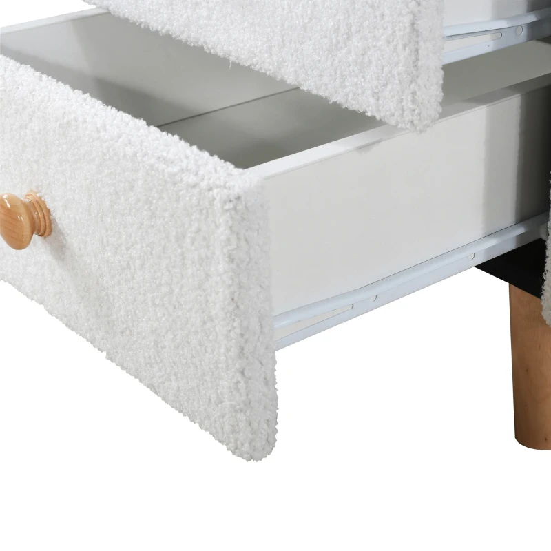 Gepolsterter Nachttisch mit 2 Schubladen, geräuschlose Gleiter, runder Holzgriff, Holzbeine, MDF+Kiefer, 45.5×37.5×44 cm, Weiß
