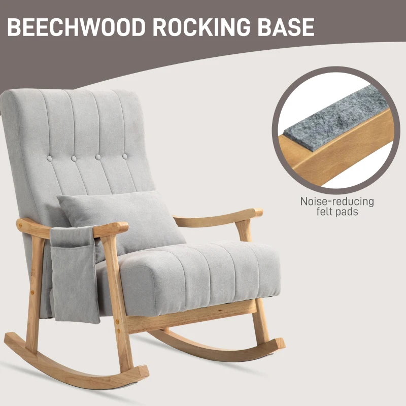 HOMCOM Fotel bujany z poduszką lędźwiową, szerokie siedzisko, rama bukowa, do 120 kg, szary