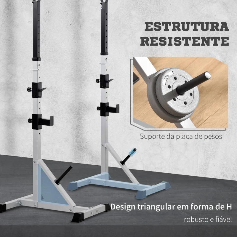 HOMCOM Suporte para Barras de Pesos Ajustável 2 Peças de Aço Treinamento em Casa Peso 200 kg 58,5x75,5x136-176 cm  Prata e Preto