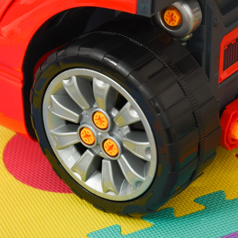 HOMCOM Motor de Caminhão para Crianças acima de 3 Anos Conjunto de Motor de Brinquedo com 61 Peças Volante Buzina Faróis Caixa de Armazenamento e Rodas 40x39x47cm Vermelho