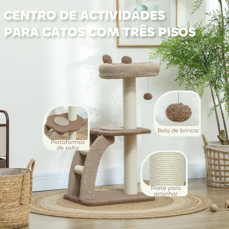 PawHut Arranhador para Gatos Altura 88 cm com Cama Plataforma Bolsa Suspensa Escada e Poste de Juta 48x40x88 cm Marrom Claro