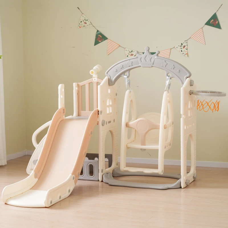 Ensemble de jeu multifonction 5-en-1 pour enfants avec balançoire, toboggan, échelle de grimpe, panier de basket et télescope, 157×145×121 cm, Marron + Blanc Antique