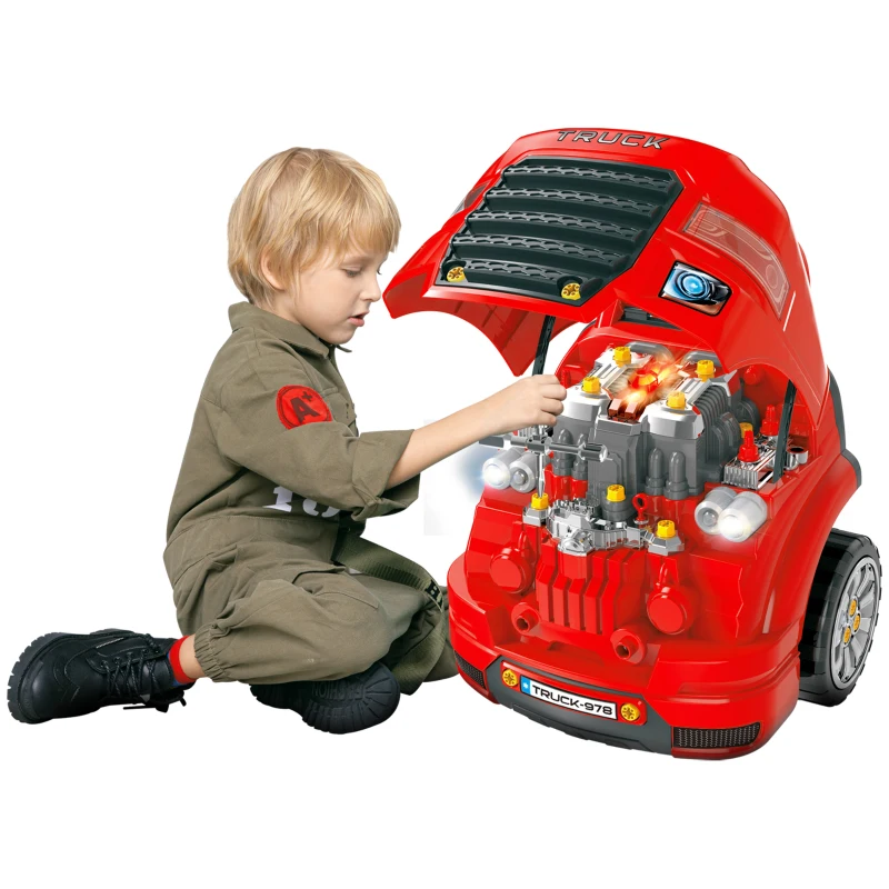 HOMCOM Motor de Caminhão para Crianças acima de 3 Anos Conjunto de Motor de Brinquedo com 61 Peças Volante Buzina Faróis Caixa de Armazenamento e Rodas 40x39x47cm Vermelho