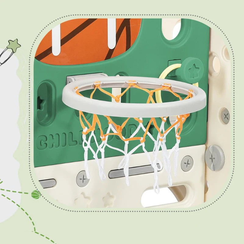 Scivolo combinato per bambini con scivolo lungo, scatola portaoggetti, tunnel, scala a pioli e canestro da basket, facile da montare e comodo da riporre, 152×186×110 cm,Verde Antico