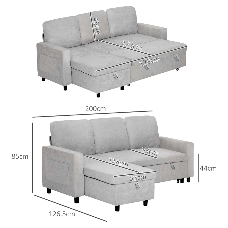 HOMCOM Pull Out Sofa Bed with Storage - Light Grey