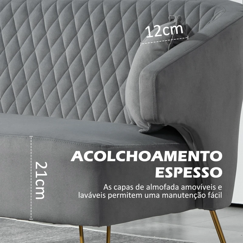 HOMCOM Sofá de 2 Lugares Estofado em Veludo Sofá Sala de Estar com 2 Almofadas e Pés de Aço Dourado Sofá Pequeno 124x69x76 cm Cinza