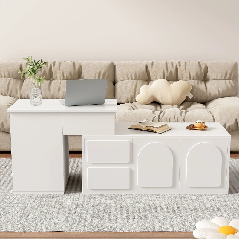 Multifunktionaler Seitenschrank mit 2 Schubladen, höhenverstellbarem Tisch mit 16-farbig einstellbarer Beleuchtung und Glasregalen, Weiß