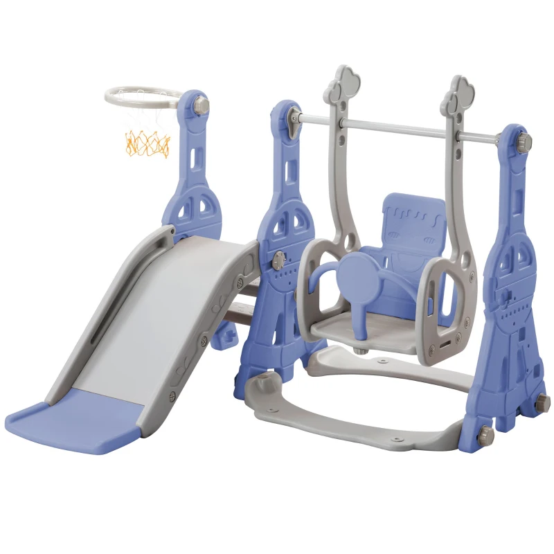 Toboggan 4-en-1 pour enfants avec balançoire, panier de basket, échelle de grimpe, toboggan de jardin pour intérieur et extérieur,140×118×102 cm, Bleu