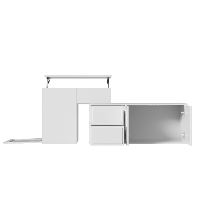 Multifunktionaler Seitenschrank mit 2 Schubladen, höhenverstellbarem Tisch mit 16-farbig einstellbarer Beleuchtung und Glasregalen, Weiß