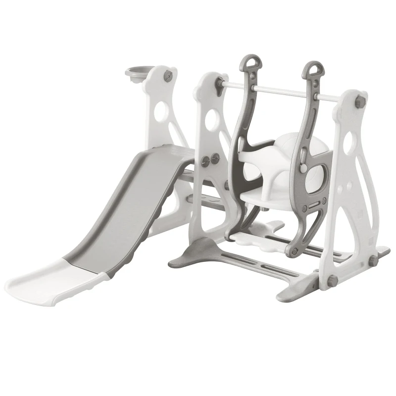 Scivolo per bambini 4-in-1 con altalena, scala e canestro da basket, regolabile in altezza, facile da montare, 113×100×94,5 cm,Bianco Antico+Grigio