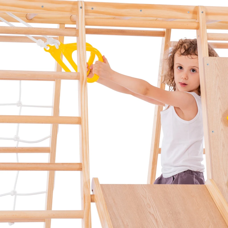 Cadre d'escalade multifonctionnel 7 en 1, balançoire, échelle de corde, toboggan, filet, pierres d'escalade, anneaux, maison de tente, 140×120×120 cm, Naturel