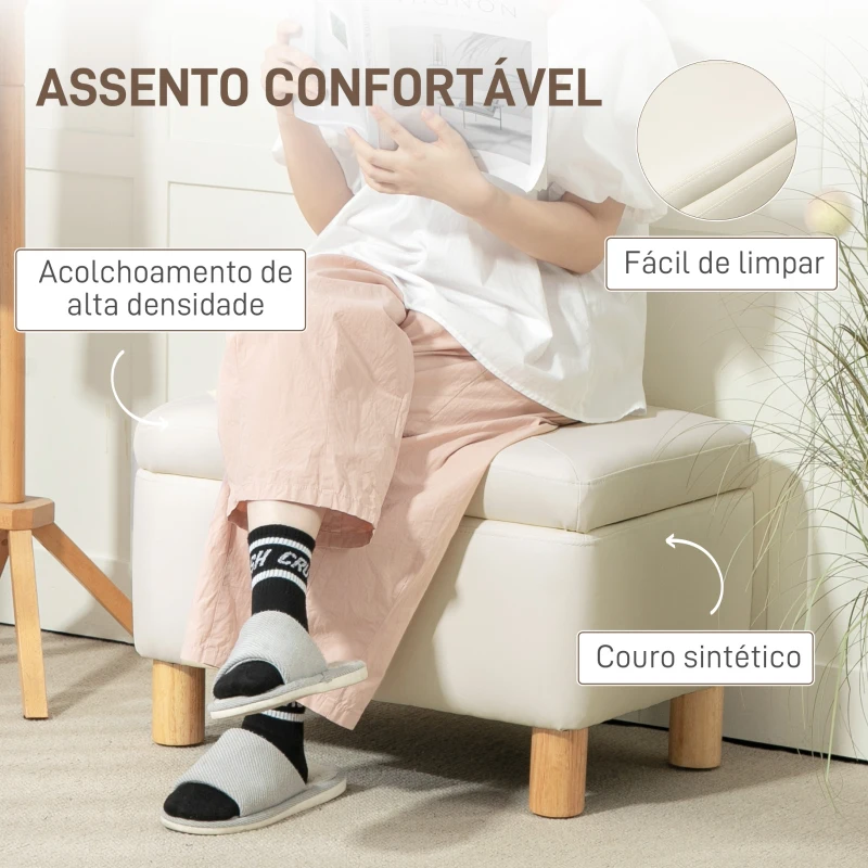 HOMCOM Baú de Armazenamento para Dormitório 33L Puff de Armazenamento Estofado em PU Banco de Arrumação 60x38x40 cm Creme