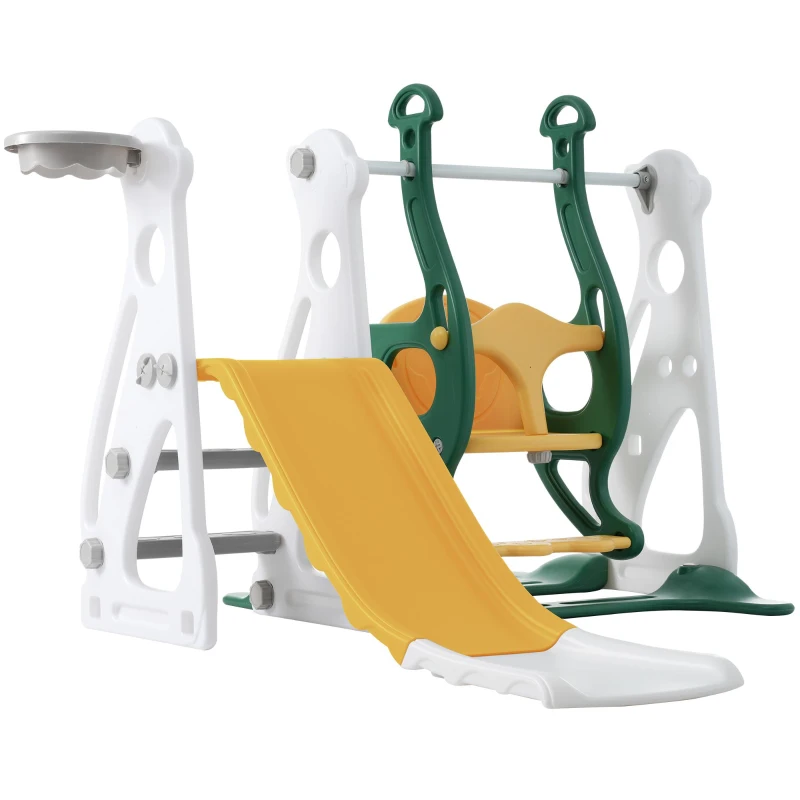 Toboggan pour enfants 4-en-1 avec balançoire, escalier et panier de basket, réglable en hauteur, 113×100×94,5 cm, Vert Antique