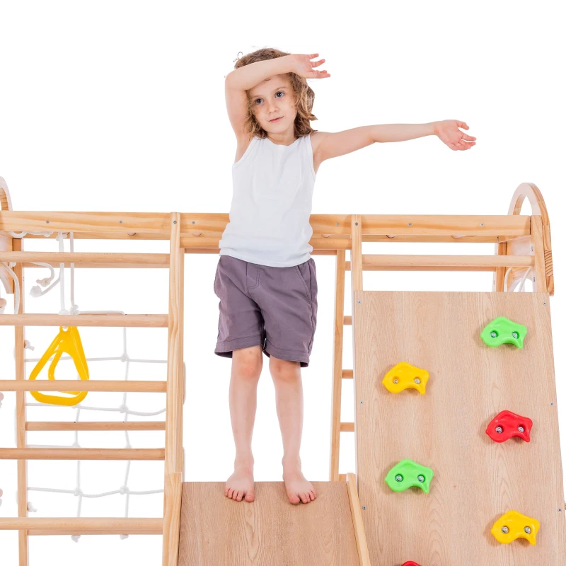 Cadre d'escalade multifonctionnel 7 en 1, balançoire, échelle de corde, toboggan, filet, pierres d'escalade, anneaux, maison de tente, 140×120×120 cm, Naturel