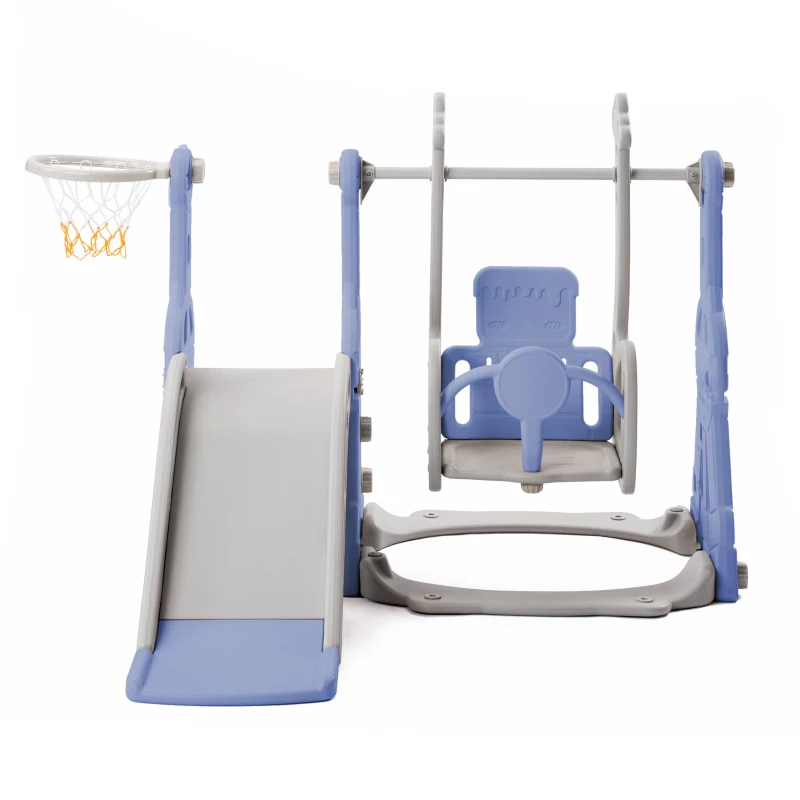 Toboggan 4-en-1 pour enfants avec balançoire, panier de basket, échelle de grimpe, toboggan de jardin pour intérieur et extérieur,140×118×102 cm, Bleu