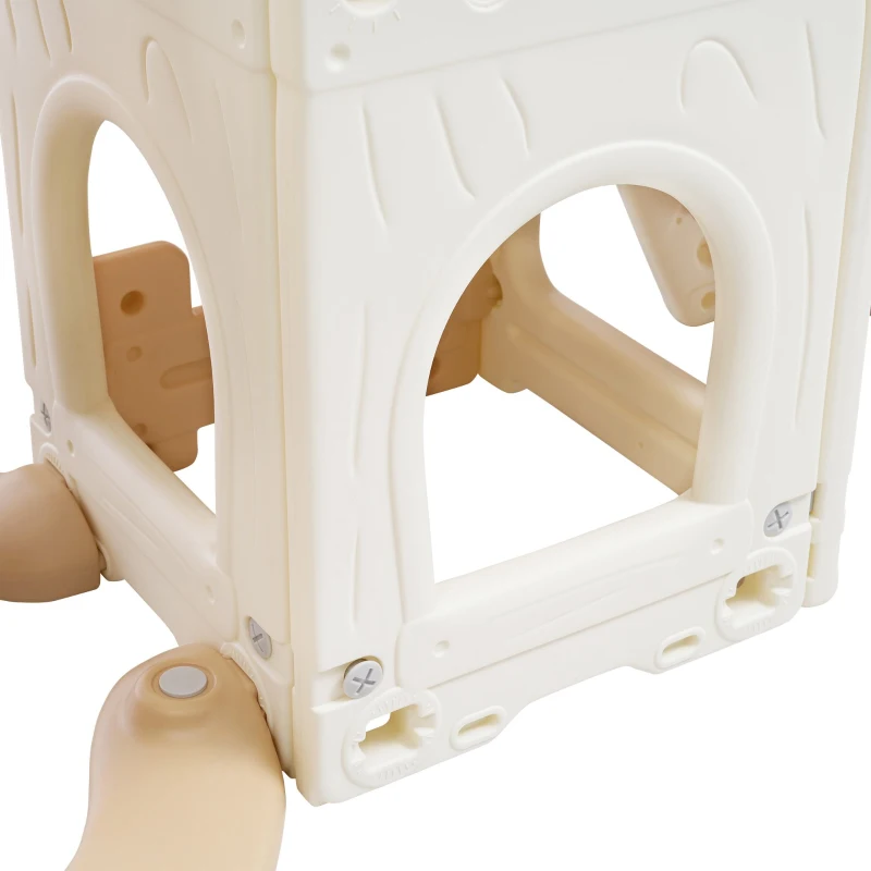 Scivolo per bambini 5-in-1 con altalena, arrampicata, canestro da basket e spazio di stoccaggio, 179×184×103 cm,Marrone+Bianco