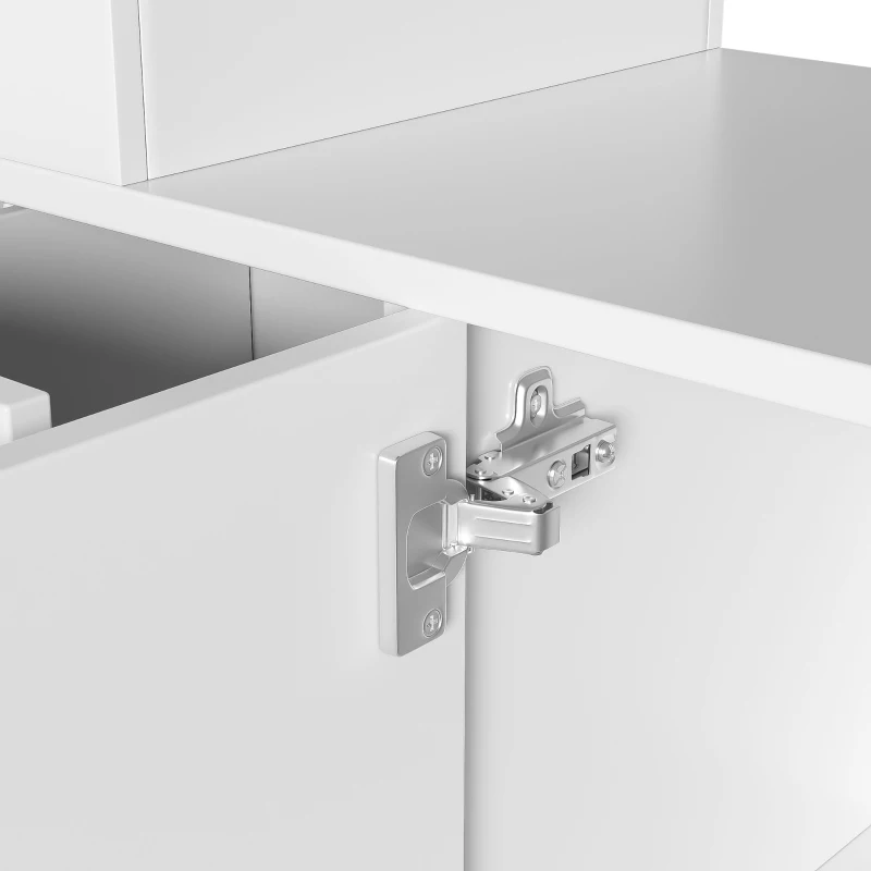 Multifunktionaler Seitenschrank mit 2 Schubladen, höhenverstellbarem Tisch mit 16-farbig einstellbarer Beleuchtung und Glasregalen, Weiß