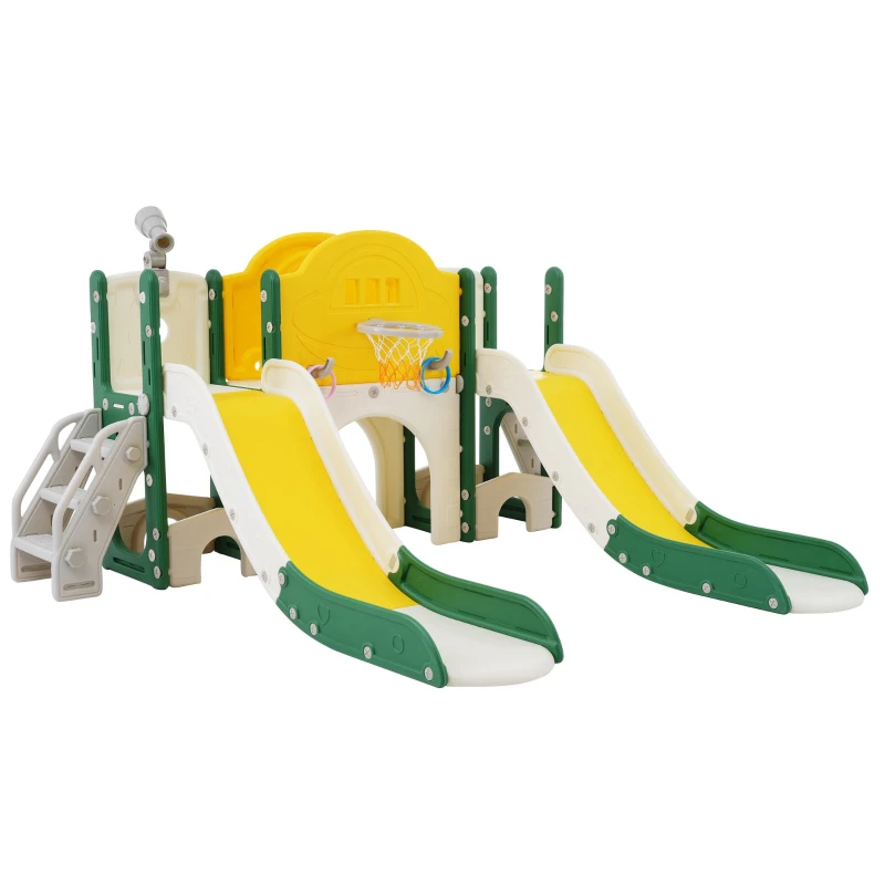 Toboggan pour enfants 8-en-1, jouet d'escalade multifonction avec 2 toboggans, échelle d'escalade, panier de basket, jeu de lasso, jumelles,  200×165×95 cm, Vert Antique