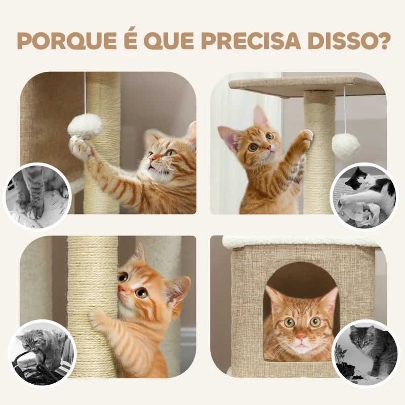 PawHut Arranhador para Gatos em Borrego com 2 Cavernas Plataformas Bolas Suspensas e Poste de Sisal 48x40x140 cm Marrom Claro