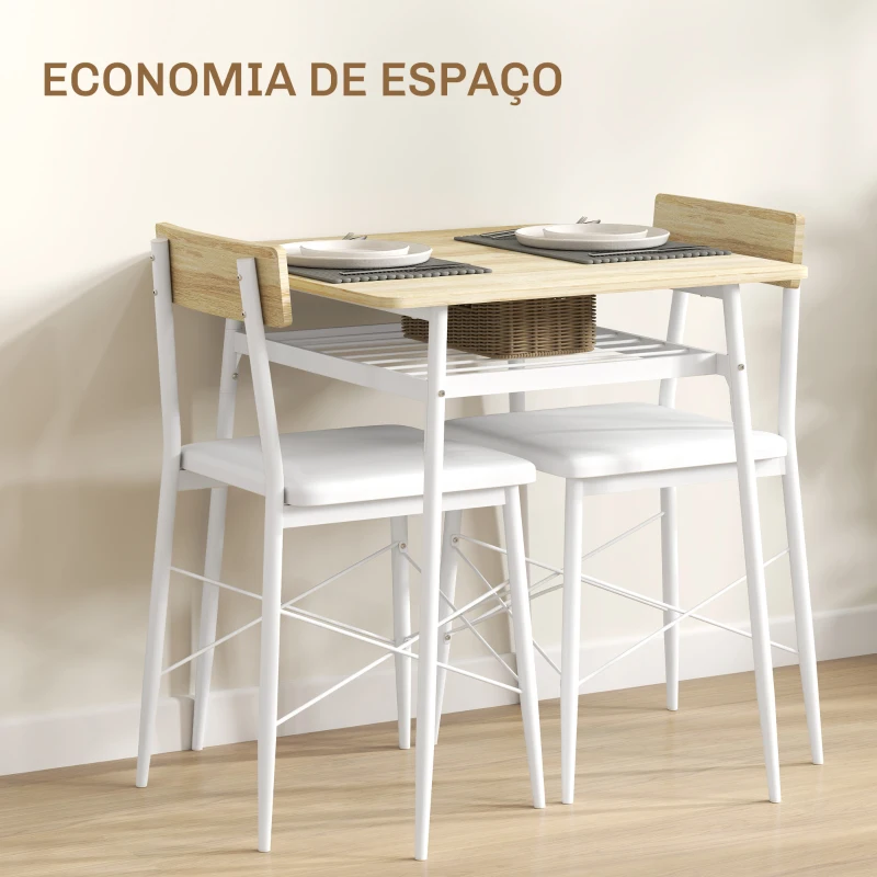 HOMCOM Conjunto de Refeição de 3 Peças Conjunto 1 Mesa 70x70x75 cm e 2 Cadeiras 40x50x80 cm com Prateleira de Armazenamento Branco e Madeira