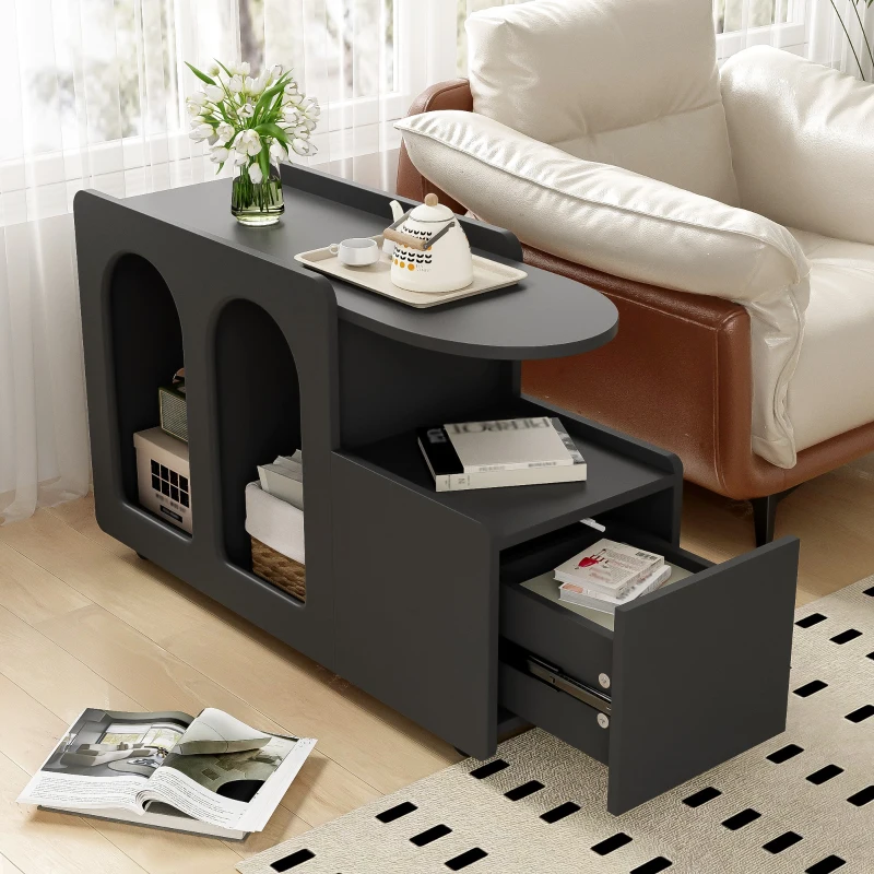 Armoire d'appoint multifonctionnelle avec roulettes, chariot de rangement polyvalent pour salon, salle à manger et chambre à coucher, design arrondi, 82 cm x 30 cm x 53 cm, Noir