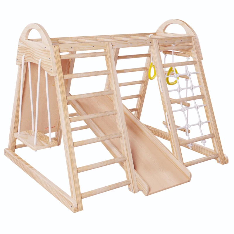 Cadre d'escalade multifonctionnel 7 en 1, balançoire, échelle de corde, toboggan, filet, pierres d'escalade, anneaux, maison de tente, 140×120×120 cm, Naturel