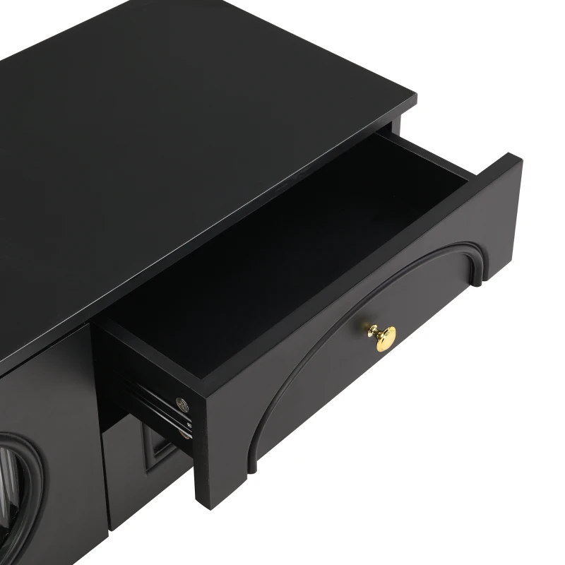 Mobile TV per soggiorno, con cassetti strutturati e ante in vetro, 175×35×45 cm, Nero