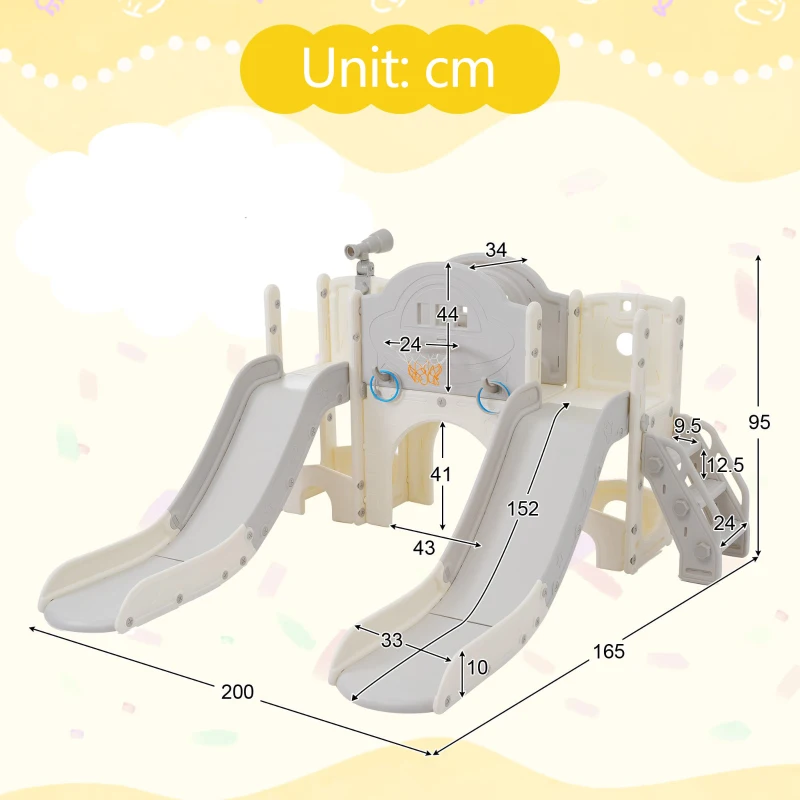 8-in-1 Scivolo per Bambini, Gioco da Arrampicata Multifunzionale con 2 Scivoli, Scala da Arrampicata, Canestro da Basket, Gioco del Lazo, Binocolo, Armadietti, 200×165×95 cm,Grigio antico bianco