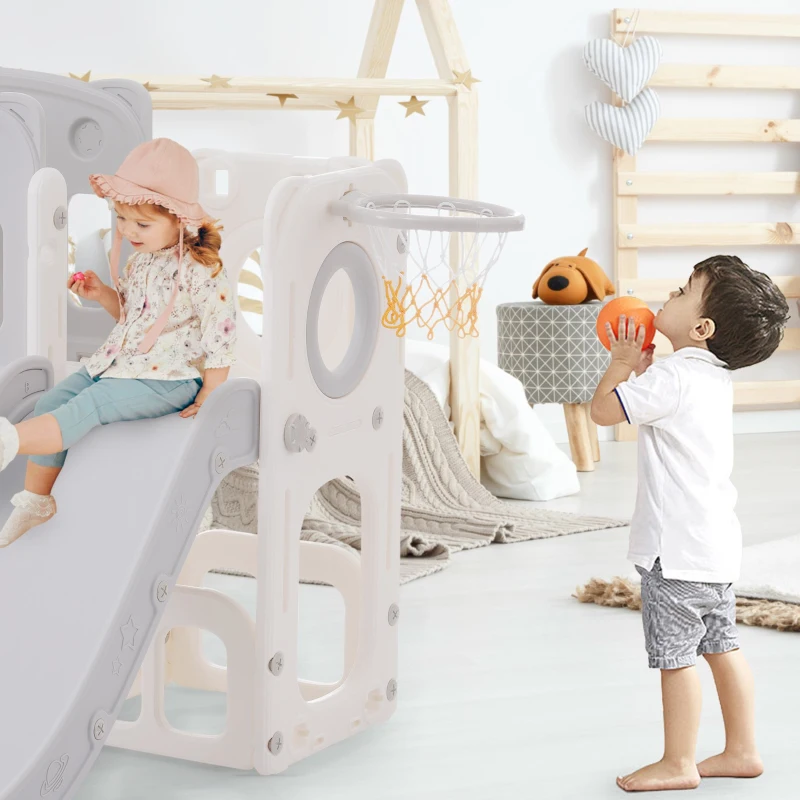 Toboggan pour enfants 7-en-1 avec balançoire, plateforme, placard, jeu de perçage, panier de basket et escalier, 215×150×106 cm, Gris+Blanc