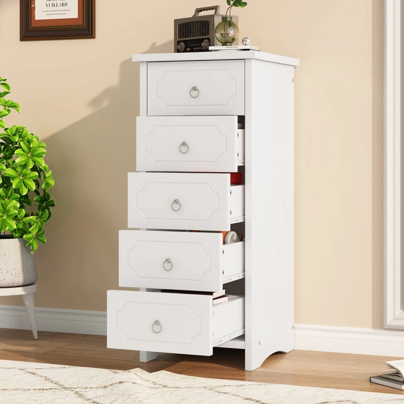 Commode classique avec 5 tiroirs, glissières silencieuses et poignées rondes en métal, MDF + panneau de particules, 40×40×100 cm, Blanc