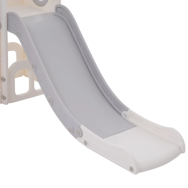 Toboggan pour enfants 7-en-1 avec balançoire, plateforme, placard, jeu de perçage, panier de basket et escalier, 215×150×106 cm, Gris+Blanc