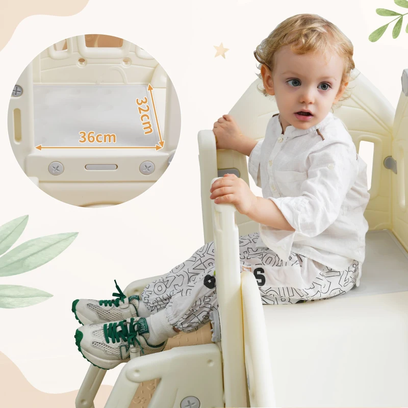 Scivolo per bambini 5-in-1 con altalena, arrampicata, canestro da basket e spazio di stoccaggio, 179×184×103 cm,Marrone+Bianco