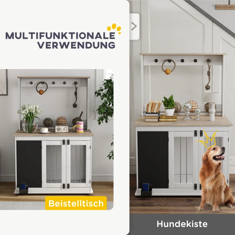 PawHut Hondenkooi met opbergplank voor speelgoed, haken voor lijnen, Krijtbord, Gum, voor grote honden, Wit(m-4)