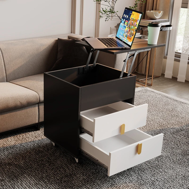 Nachttisch mit USB-Ladeschnittstelle, anhebbarer Tisch, bewegliches Riemenscheiben-Design, zwei Schubladen, 74×40.2×71cm, Schwarz+weiß