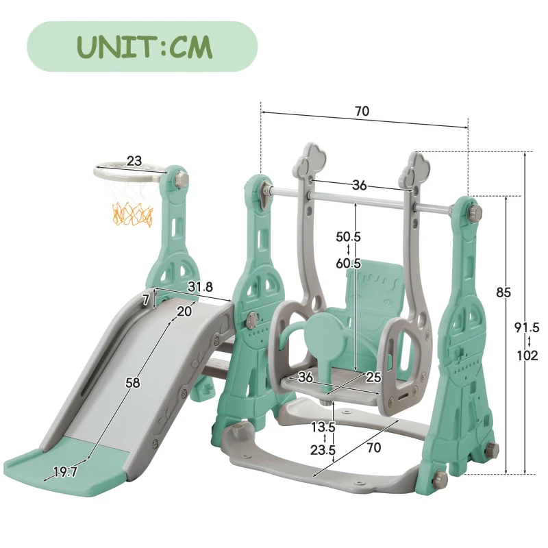 Toboggan 4-en-1 pour enfants avec balançoire, panier de basket et échelle de grimpe, toboggan de jardin pour intérieur et extérieur, 140×118×102 cm, Vert