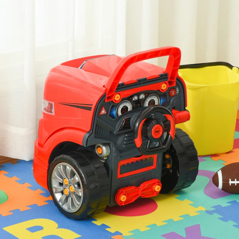 HOMCOM Motor de Caminhão para Crianças acima de 3 Anos Conjunto de Motor de Brinquedo com 61 Peças Volante Buzina Faróis Caixa de Armazenamento e Rodas 40x39x47cm Vermelho