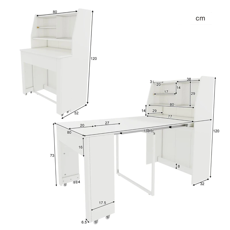 Ausziehbarer Esstisch mit Stauraum, Einweg-Ausziehtisch, Rechteckiger Multifunktionstisch, Esszimmer-Stauschrank, Coffee Lounge Tisch, Platzsparend, 52-132.5L×80B×120Hcm, Weiß