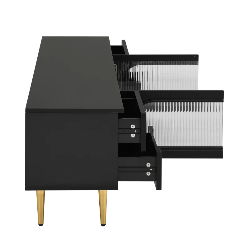 Meuble TV bas pour salon, avec tiroirs texturés et portes en verre, 175×35×45 cm, Noir