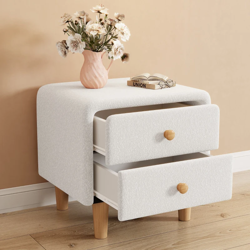 Gepolsterter Nachttisch mit 2 Schubladen, geräuschlose Gleiter, runder Holzgriff, Holzbeine, MDF+Kiefer, 45.5×37.5×44 cm, Weiß