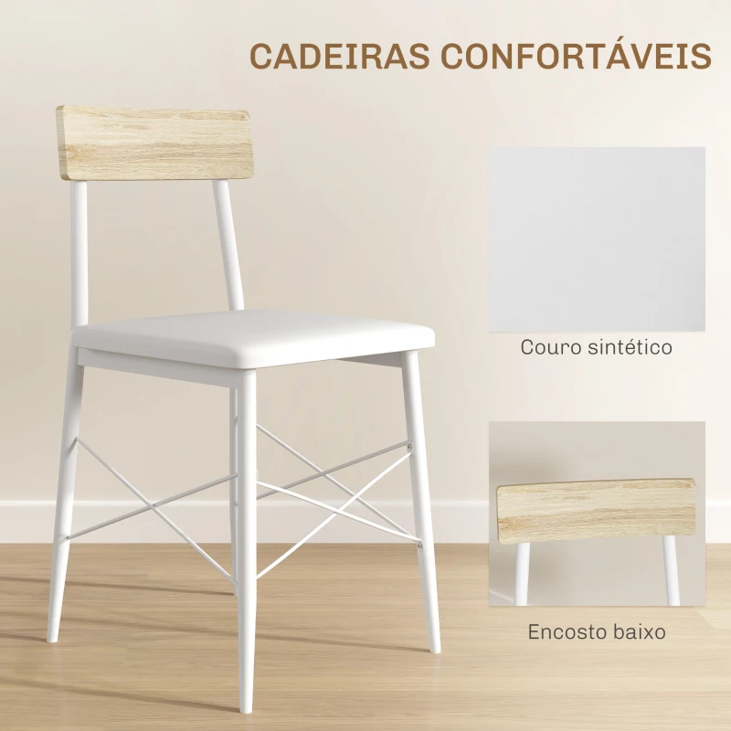 HOMCOM Conjunto de Refeição de 3 Peças Conjunto 1 Mesa 70x70x75 cm e 2 Cadeiras 40x50x80 cm com Prateleira de Armazenamento Branco e Madeira