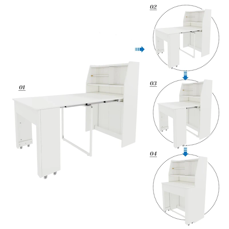 Ausziehbarer Esstisch mit Stauraum, Einweg-Ausziehtisch, Rechteckiger Multifunktionstisch, Esszimmer-Stauschrank, Coffee Lounge Tisch, Platzsparend, 52-132.5L×80B×120Hcm, Weiß