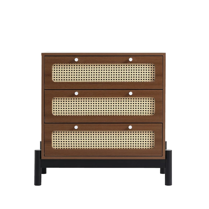 Klassische Kommode mit 3 Schubladen, Nachttisch, Rattan-Schubladenplatte, silberne Metallknöpfe, schwarze Beinrahmen, Kiefer, MDF, PVC-Rattan, 70×40×75 cm, Walnussfarbe