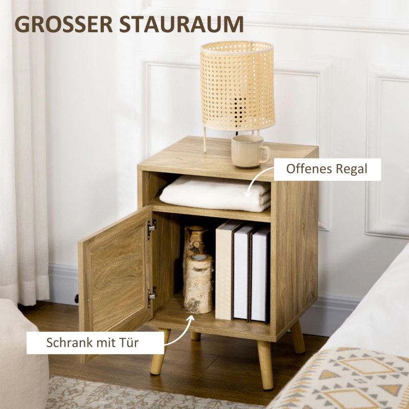 HOMCOM Nachtschrank, Nachttisch, Rattandekor, geräumig, 39x35x60 cm, Holzoptik