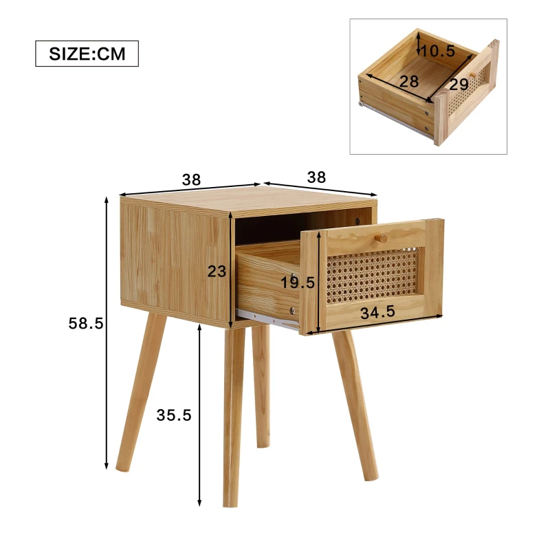Table de chevet classique avec plateau de tiroir en rotin, poignée en métal doré et longues jambes en bois, espace de rangement pour salon et chambre, 38×38×58,5 cm, Naturel