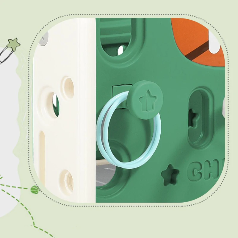 Scivolo combinato per bambini con scivolo lungo, scatola portaoggetti, tunnel, scala a pioli e canestro da basket, facile da montare e comodo da riporre, 152×186×110 cm,Verde Antico