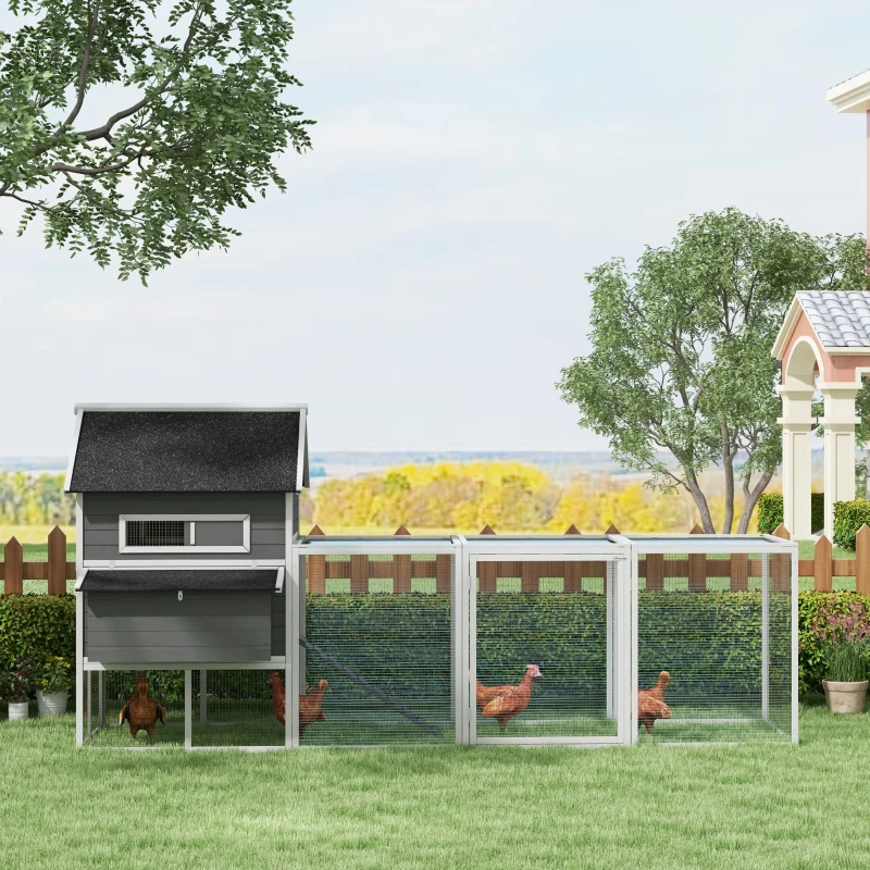 PawHut Galinheiro de Exterior Gaiola de Madeira Grande para 8-10 Galinhas com 2 Ninhos Bandeja Amovível e Rampa 347x160x150 cm Cinza